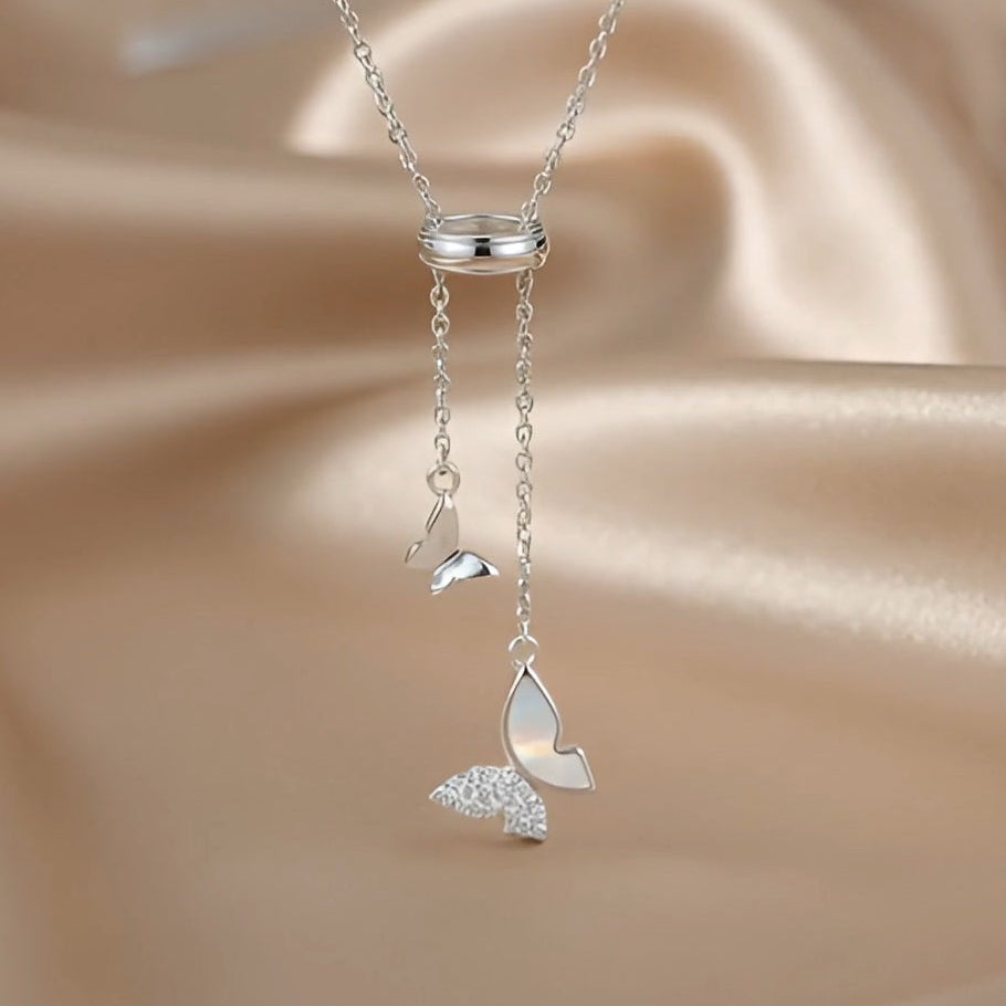 Butterfly Lariat Necklace | Mother-of-Pearl & Pavé | S925 Silver