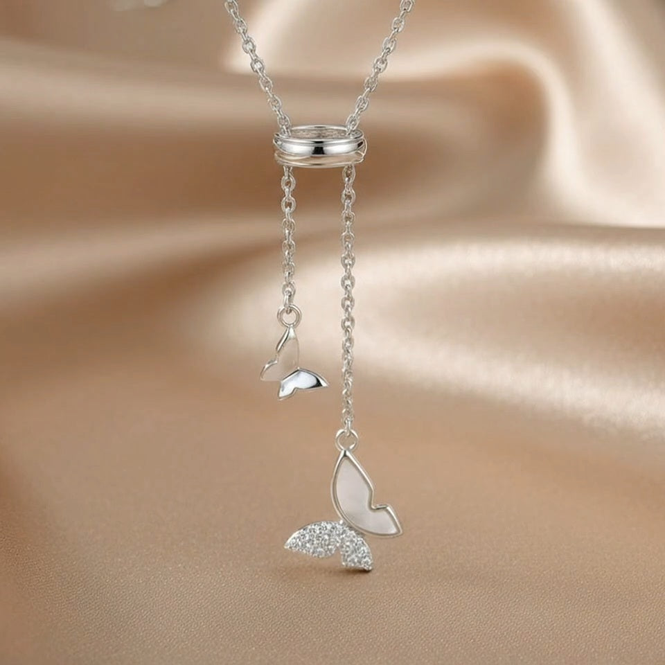 Butterfly Lariat Necklace | Mother-of-Pearl & Pavé | S925 Silver