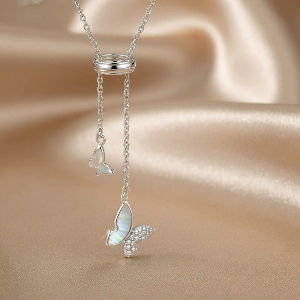 Butterfly Lariat Necklace | Mother-of-Pearl & Pavé | S925 Silver