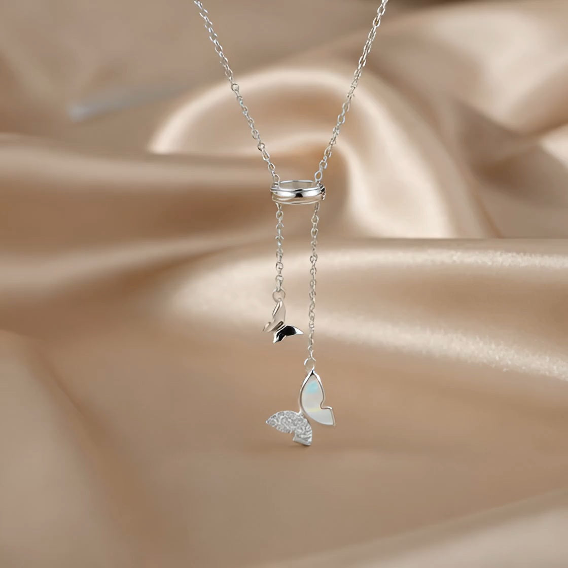 Butterfly Lariat Necklace | Mother-of-Pearl & Pavé | S925 Silver