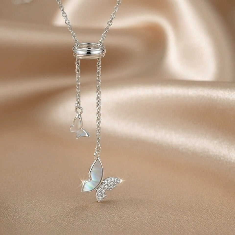 Butterfly Lariat Necklace | Mother-of-Pearl & Pavé | S925 Silver