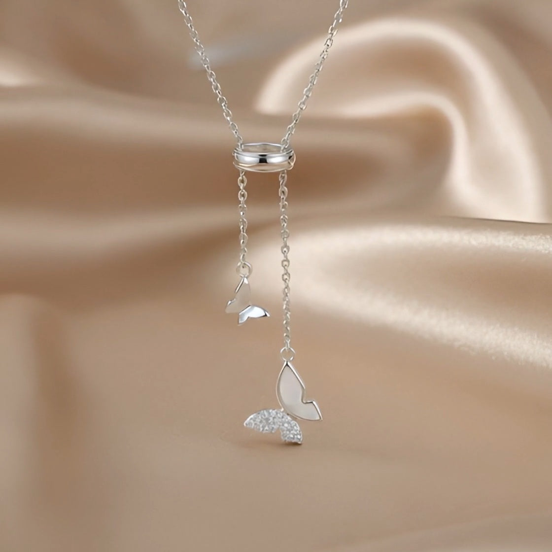 Butterfly Lariat Necklace | Mother-of-Pearl & Pavé | S925 Silver